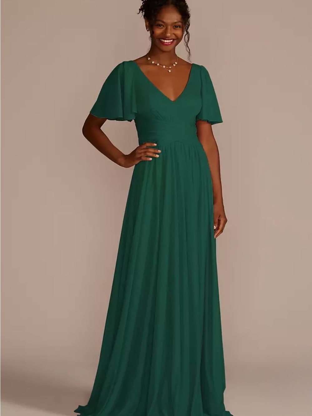 Deep Green V-Neck Flutter Sleeve Maxi Dress